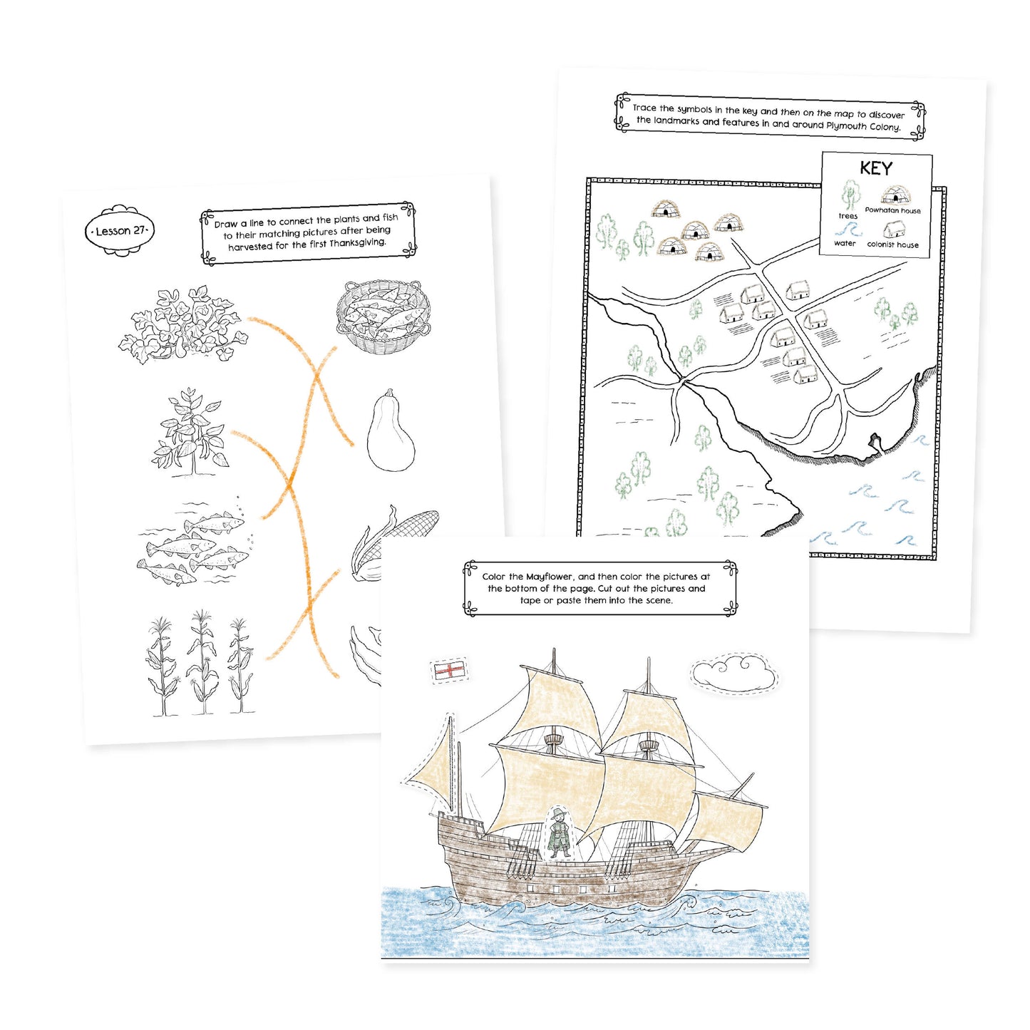 Three lesson pages including matching, a map and a boat from History year 2 Activity Book | The Good and the Beautiful