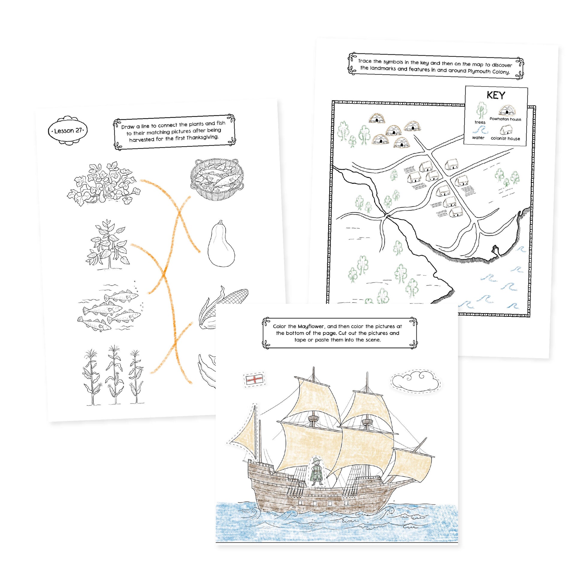 Three lesson pages including matching, a map and a boat from History year 2 Activity Book | The Good and the Beautiful