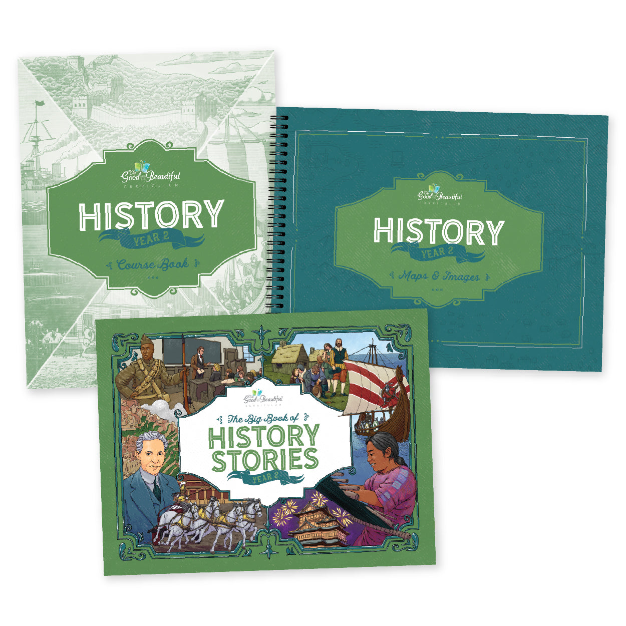 A collage of the History Year 2 course books | The Good and the Beautiful