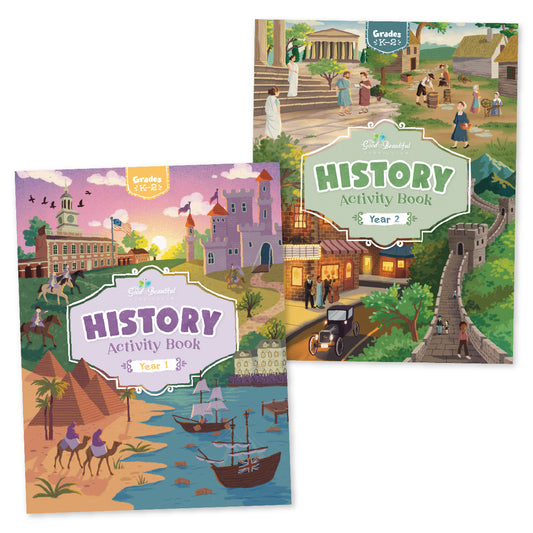 The covers for both of the History Year 1 and Year 2 activity books for grades K-2 | The Good and the Beautiful