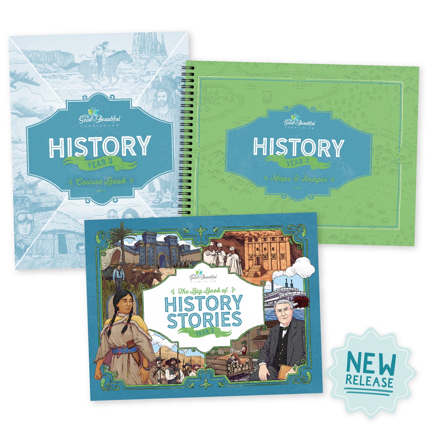 A collage of history year 3 course books with a sticker that says "New Release" | The Good and the Beautiful