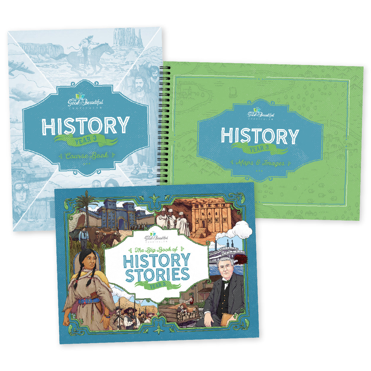 A collage of the History Year 3 course books | The Good and the Beautiful
