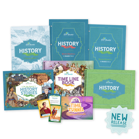 A collage of the complete History Year 3 course set with the sticker that says "New Release" | The Good and the Beautiful