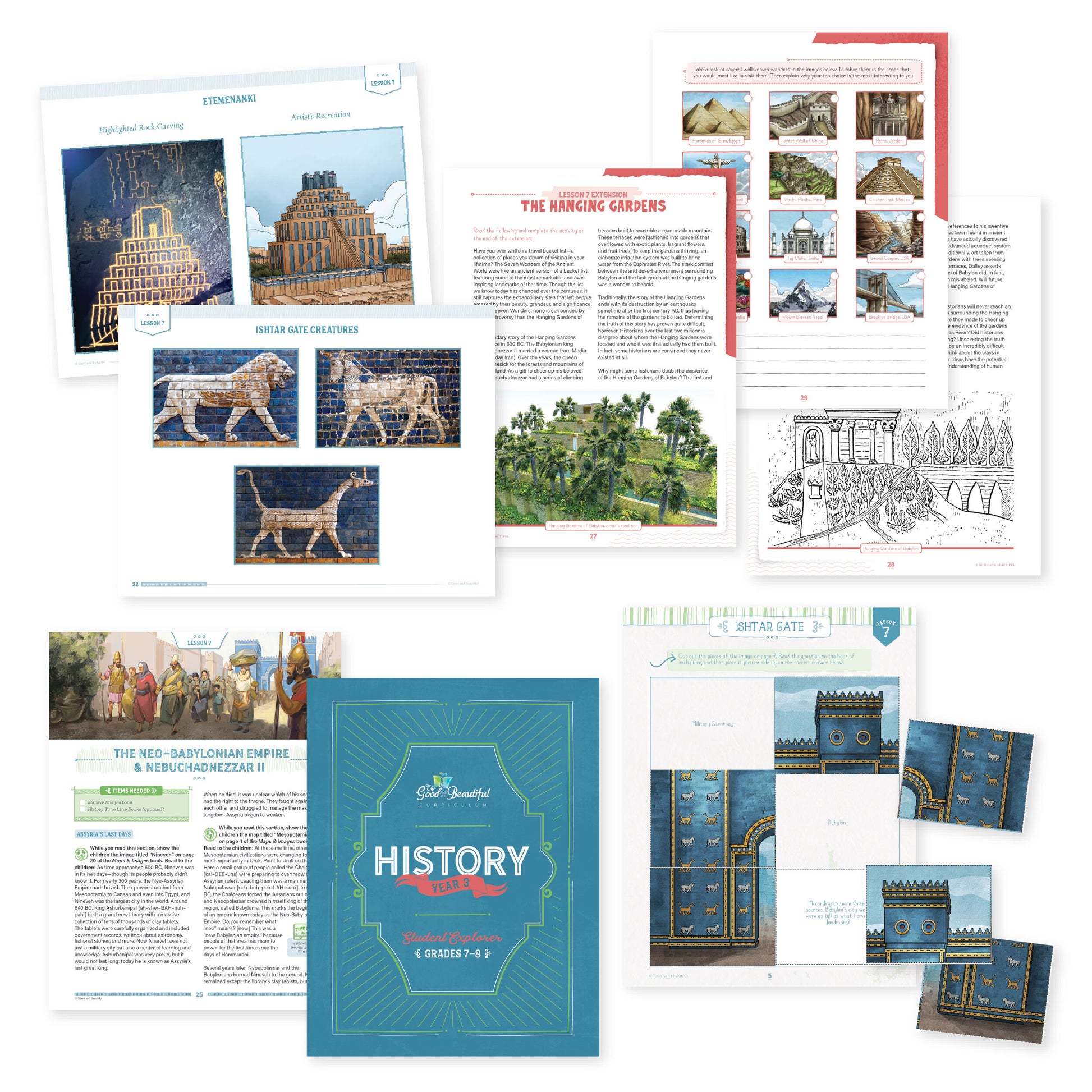 A collage of the History Year 3 course materials including sample pages | The Good and the Beautiful