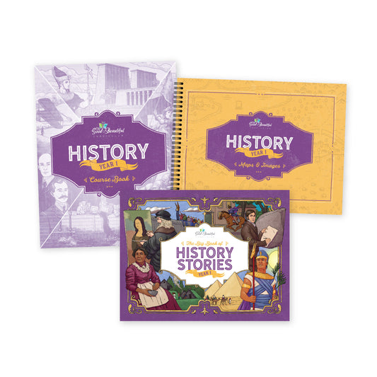History Year 1 course book, maps and images, and history stories covers | The Good and the Beautiful