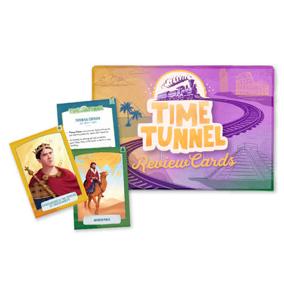 The box of Time Tunnel Review Cards with a preview of three review cards | The Good and the Beautiful