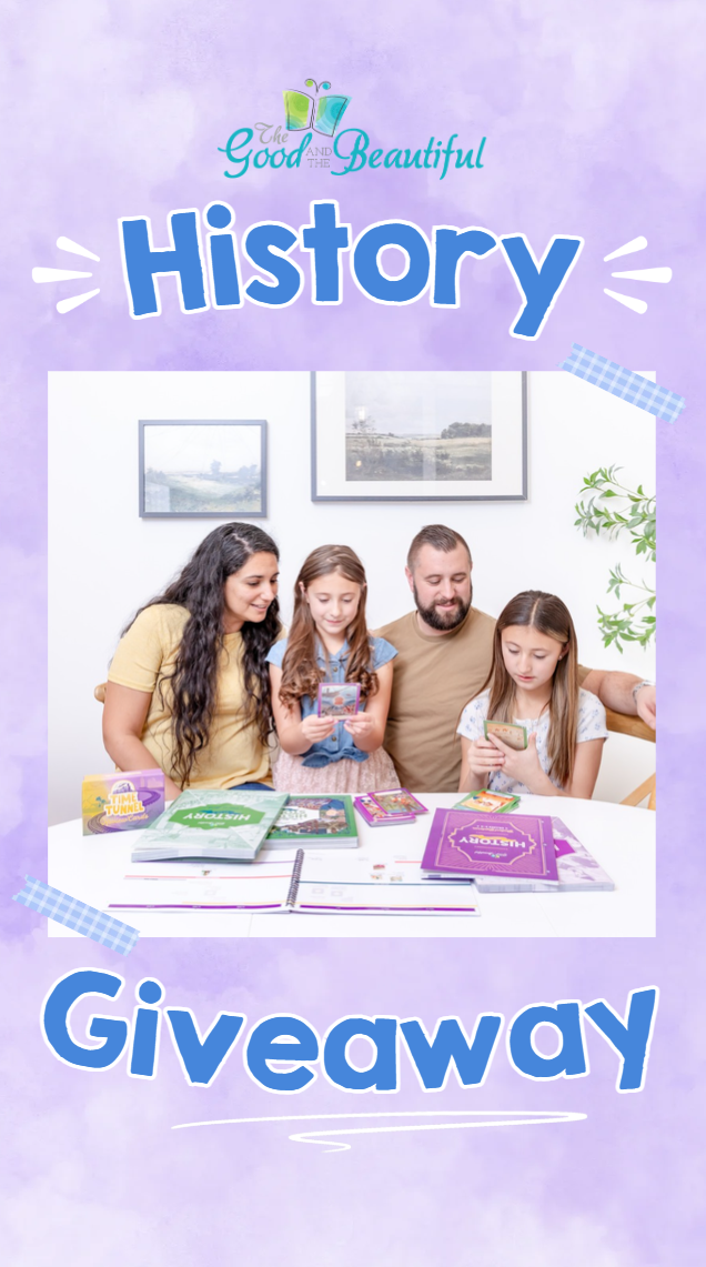A family of four using history curriculum with the text "History Giveaway" | The Good and the Beautiful