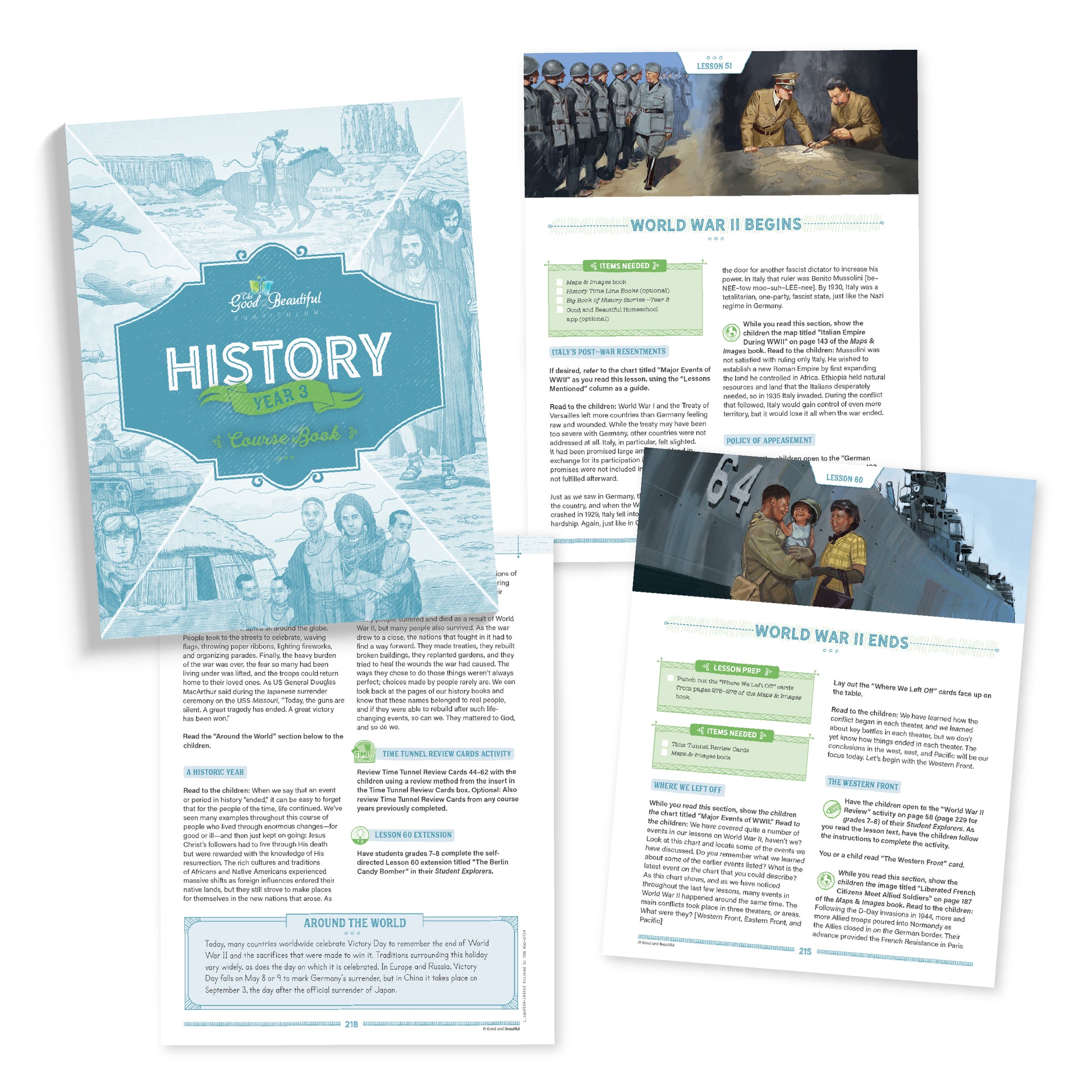 History Year 3 course book with three sample pages about World War 2 | The Good and the Beautiful