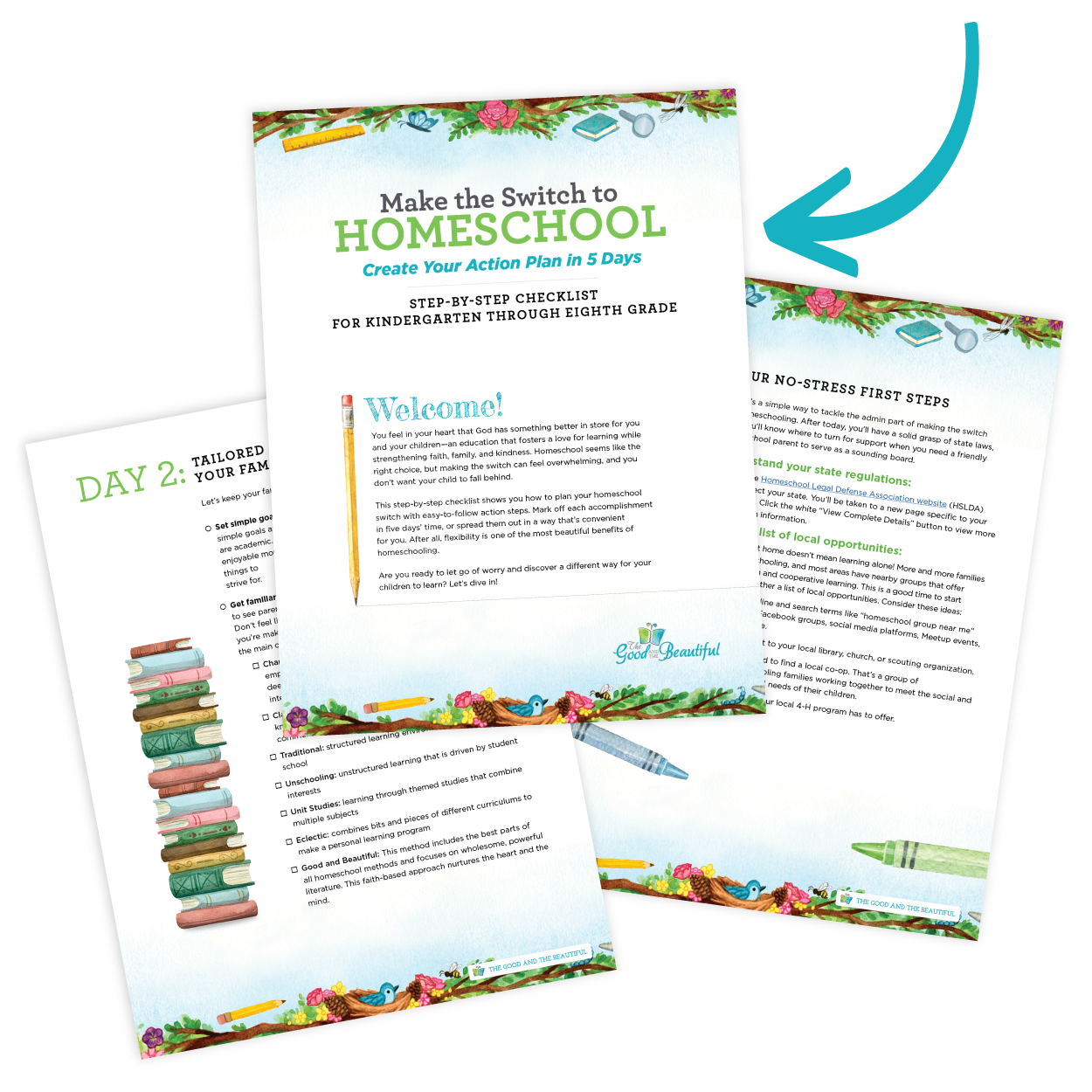 A three-page collage of the "Make the Switch to Homeschool" on how to create your own action plan with a step-by-step checklist | The Good and the Beautiful