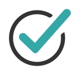Check mark icon with a teal check and black circle on a white background