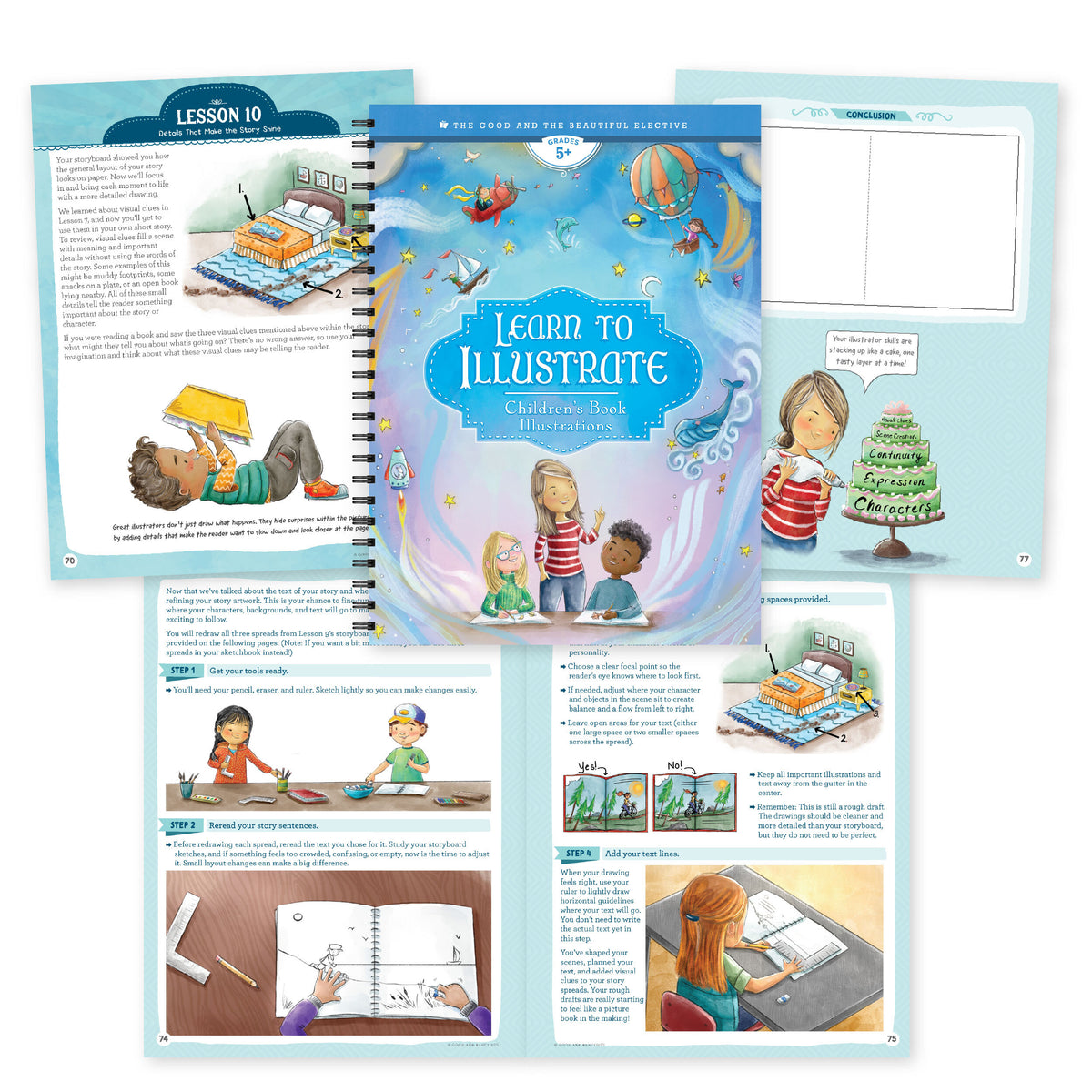 A collage of the Learn to Illustrate book with samples pages | The Good and the Beautiful