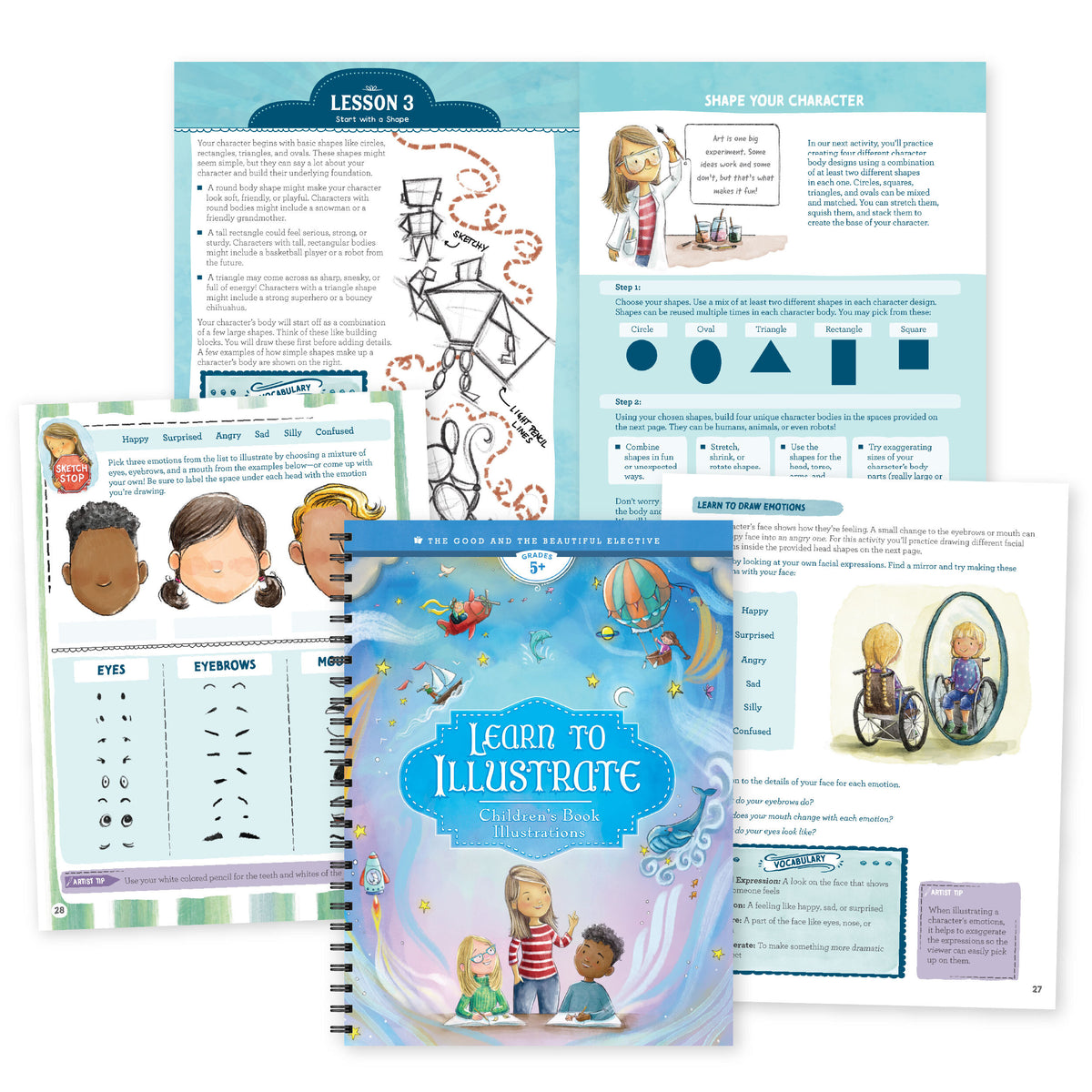 A collage of Learn to Illustrate elective cover and sample pages | The Good and the Beautiful