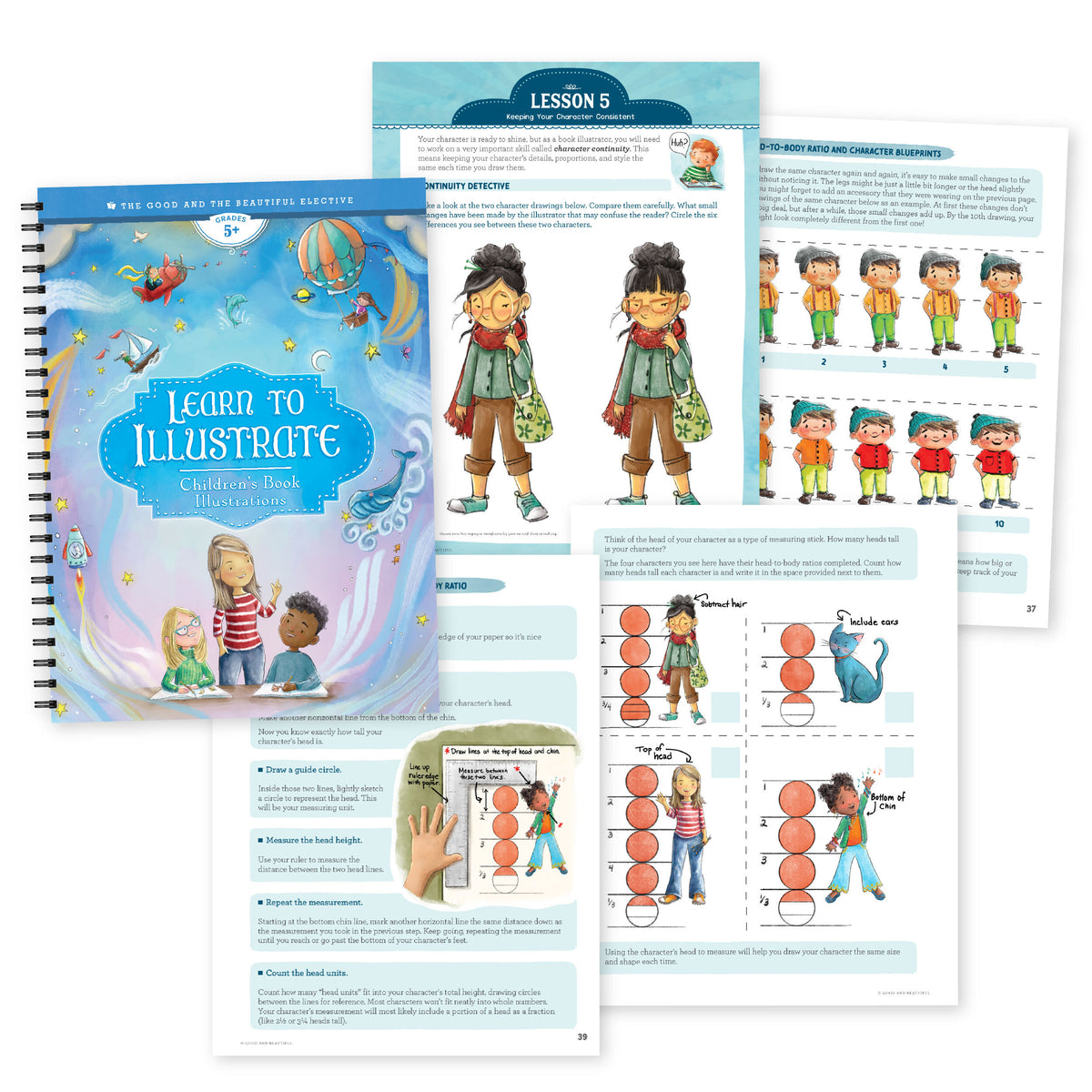 A collage of the Learn to Illustrate elective book and sample pages | The Good and the Beautiful