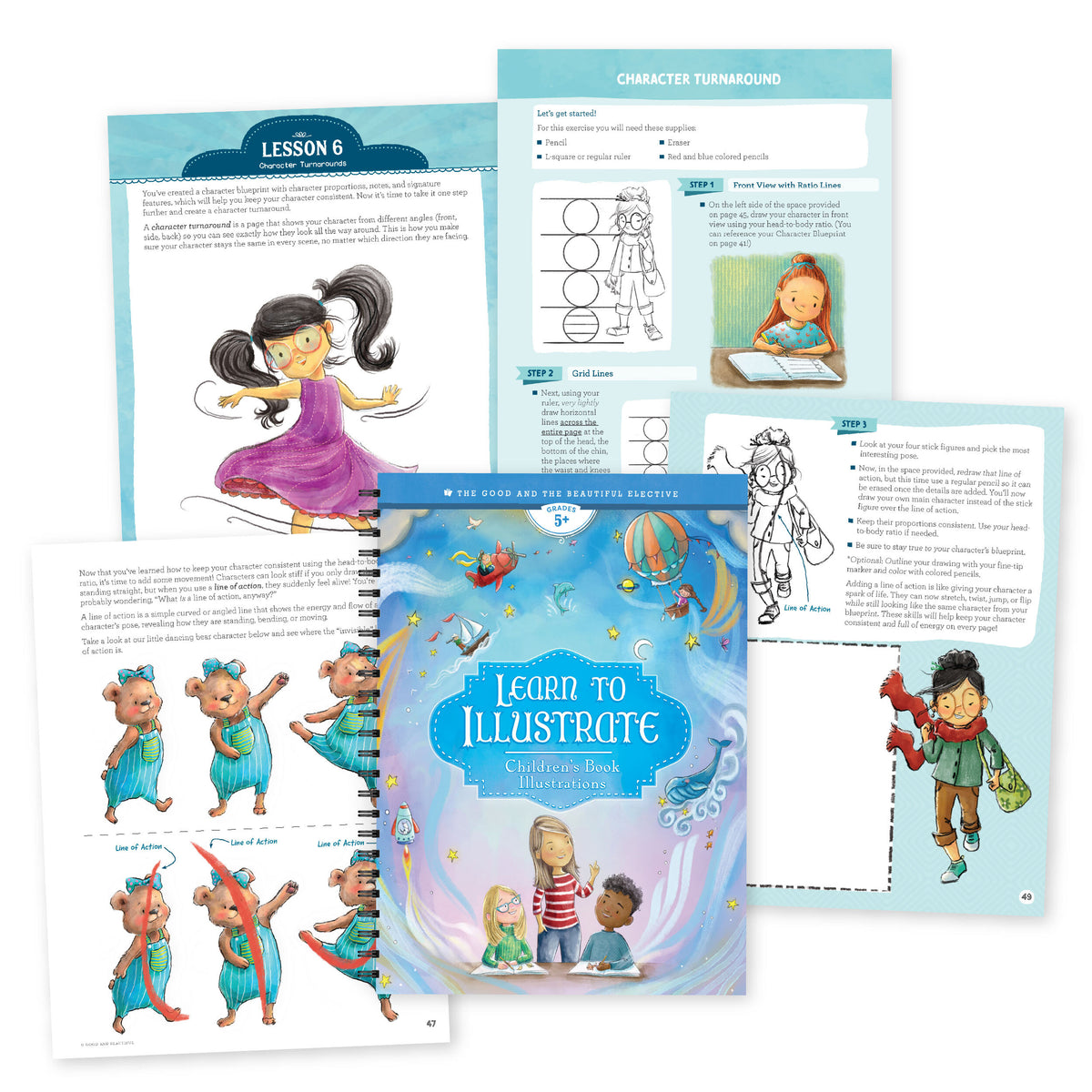 A collage of sample pages and the cover of Learn to Illustrate | The Good and the Beautiful