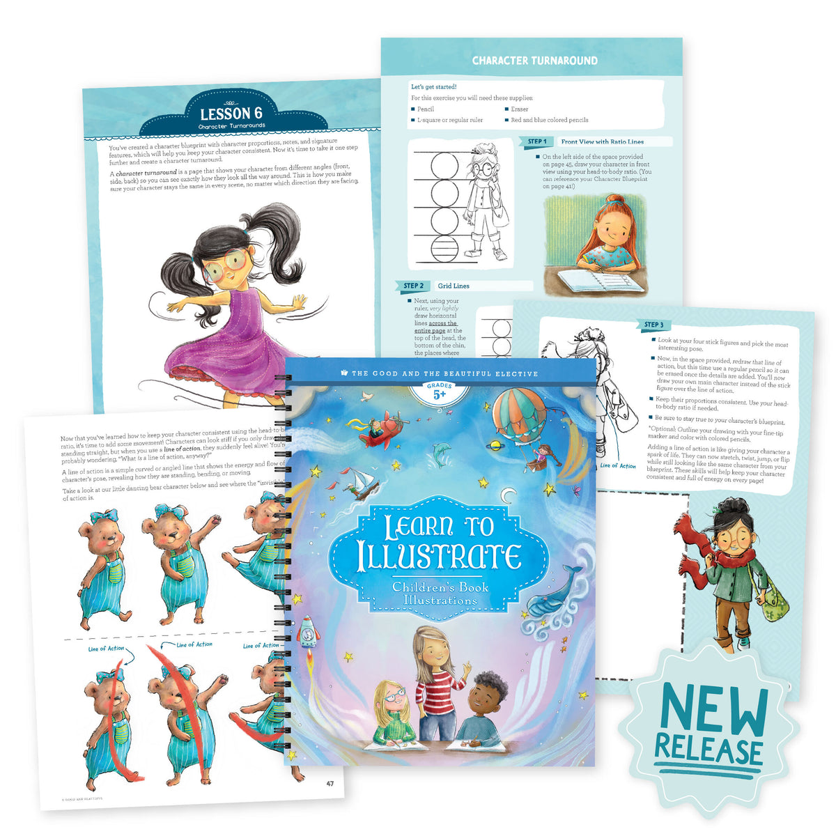 A collage of sample pages and the cover of "Learn to Illustrate" with a sticker that says "New Release" | The Good and the Beautiful