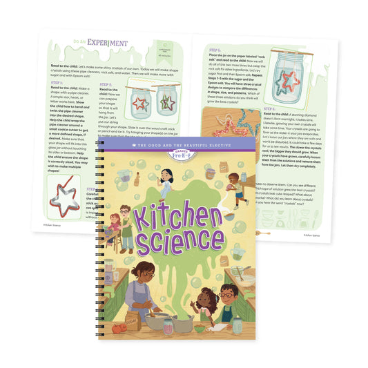 A collage of the Kitchen Science course book with pages from an experiment | The Good and the Beautiful