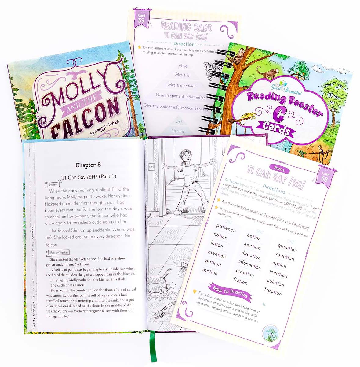 A collage of the language arts level 2 booster cards and reading books | The Good and the Beautiful