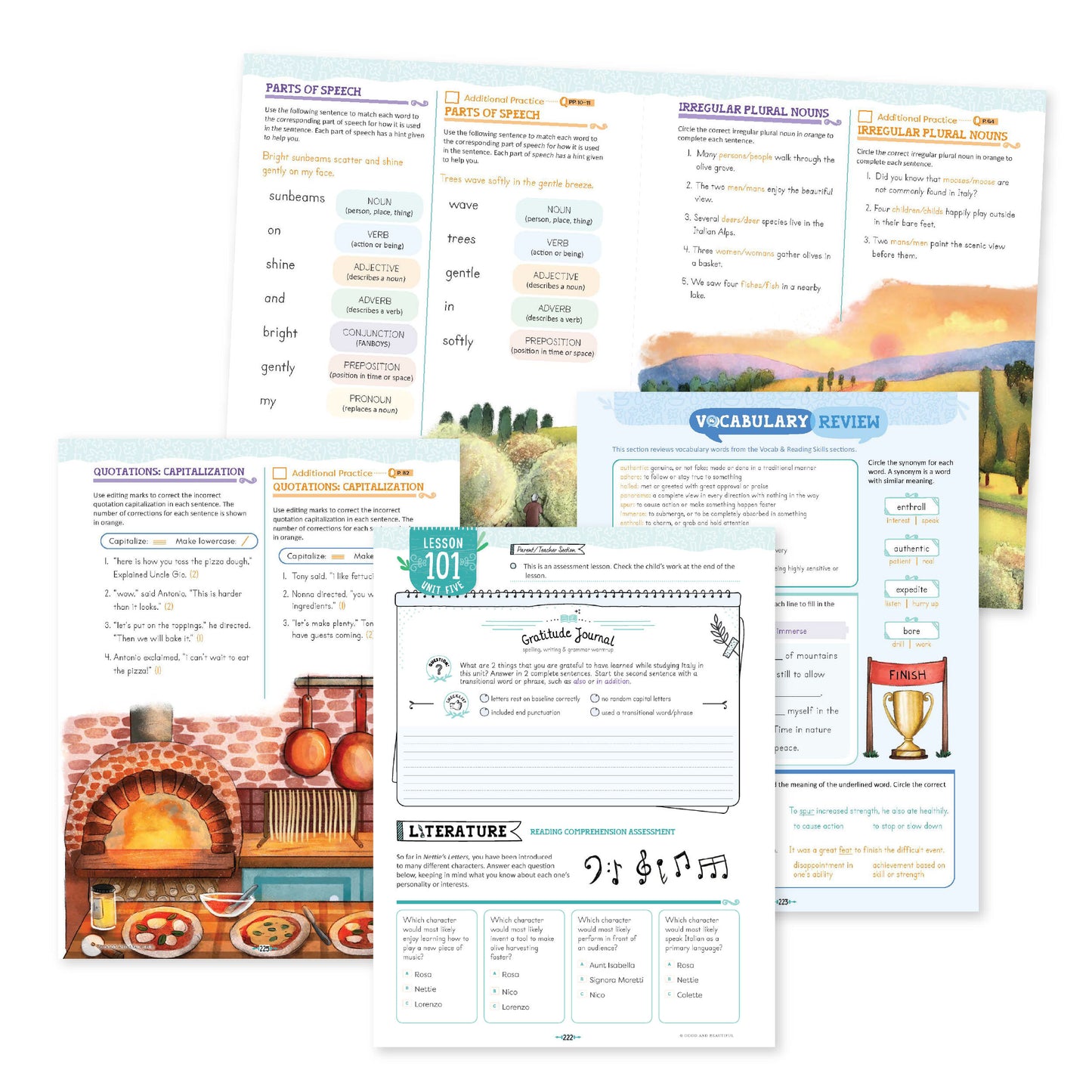 A collage of pages from lesson 101 of the language arts level 4 course | The Good and the Beautiful