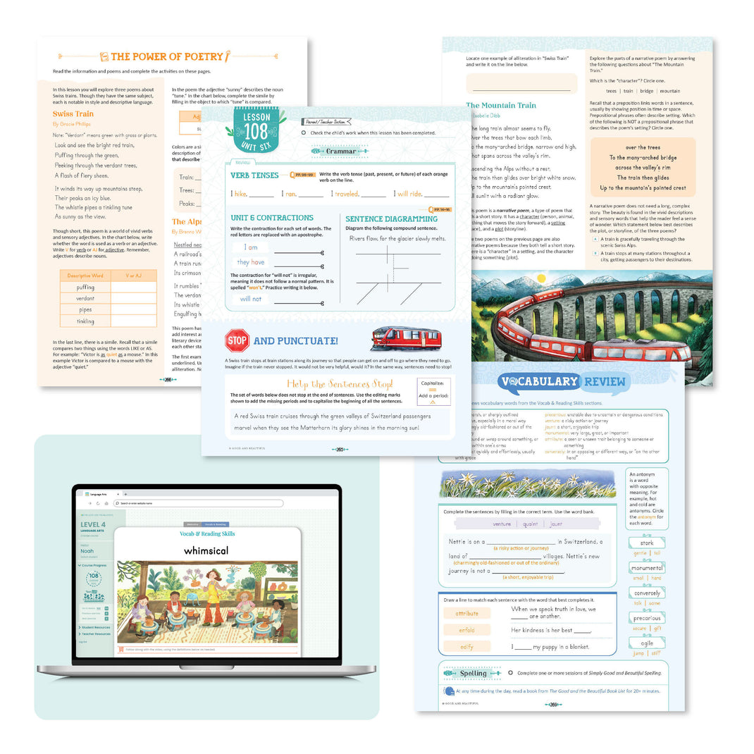 A collage of the level four language arts course pages from lesson 108 | The Good and the Beautiful