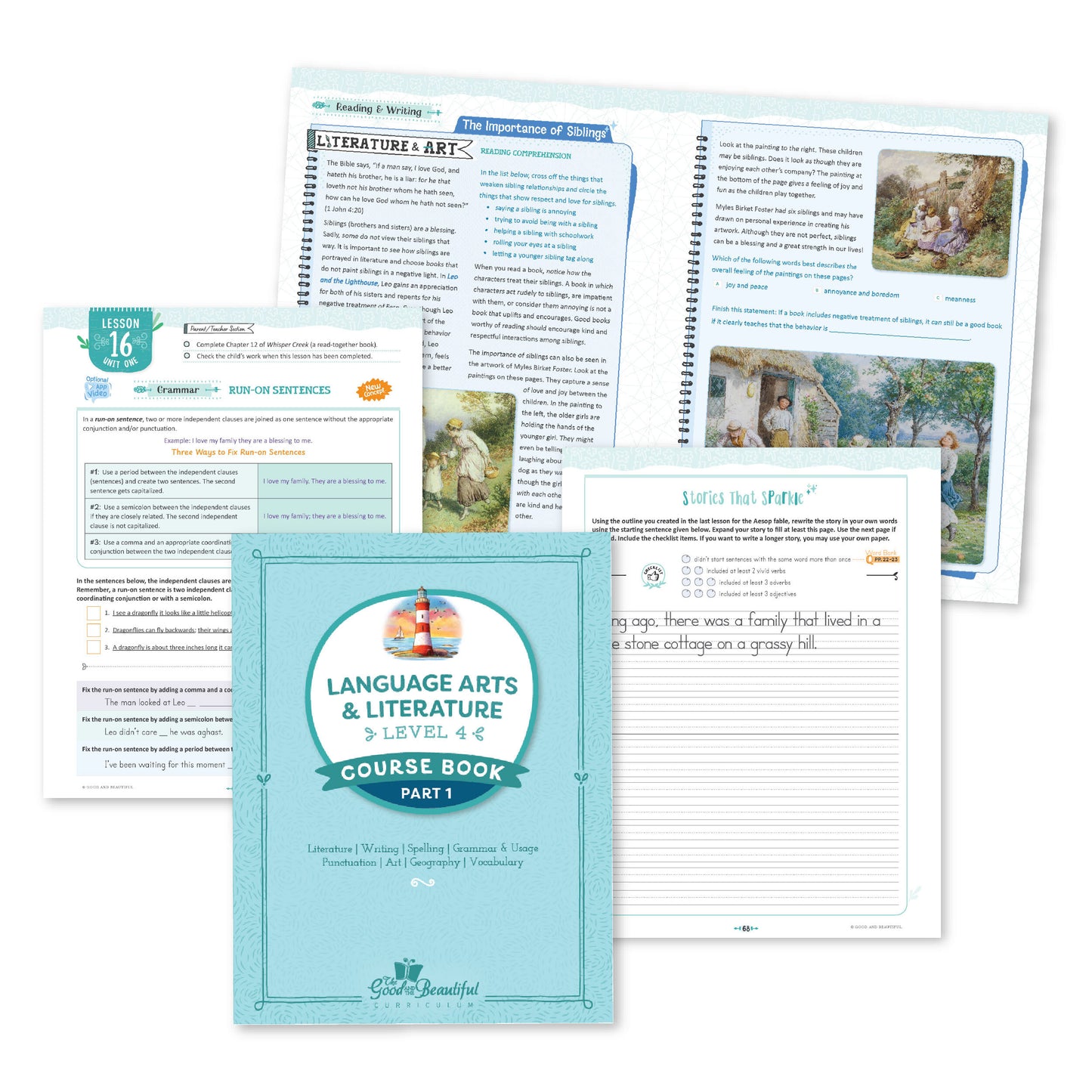 A collage of the Language Arts & Literature level four course book part one with pages from lesson 16 | The Good and the Beautiful