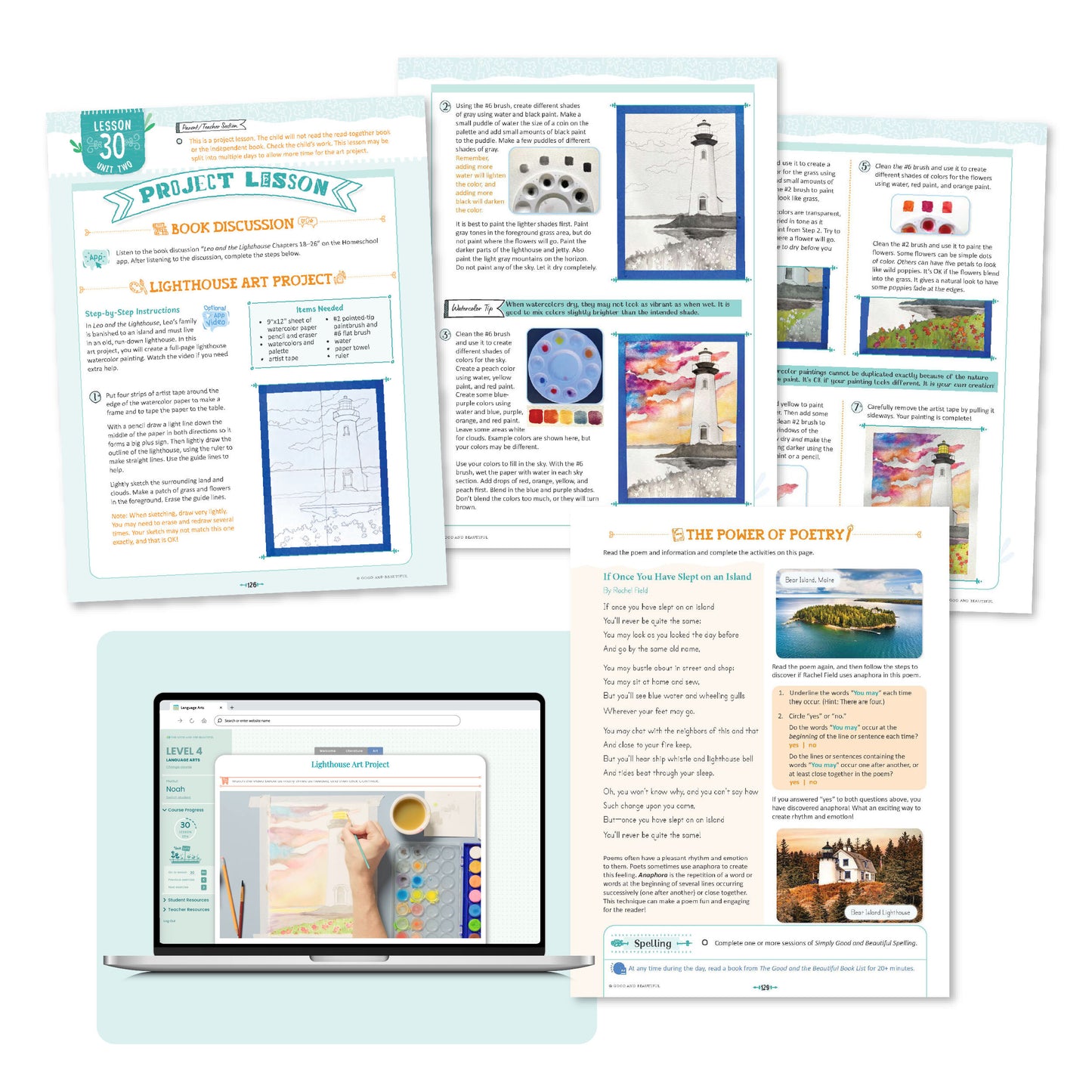 A collage of the level four language arts course pages from lesson 30 | The Good and the Beautiful