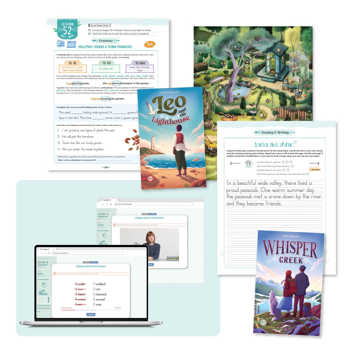 A collage of the level four language arts course pages from lesson 52 | The Good and the Beautiful