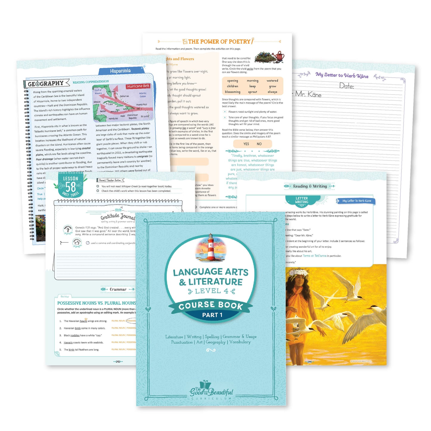 A collage of the Language Arts & Literature level four course book part one with pages from lesson 58 | The Good and the Beautiful