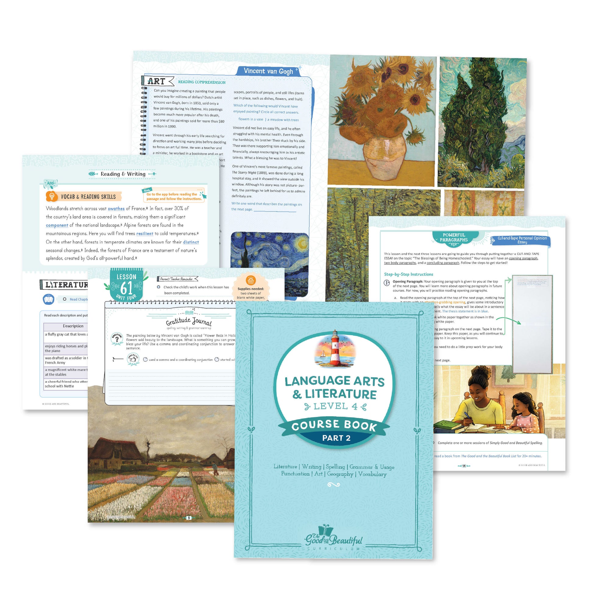 A collage of the Language Arts & Literature level four course book part two with pages from lesson 61 | The Good and the Beautiful