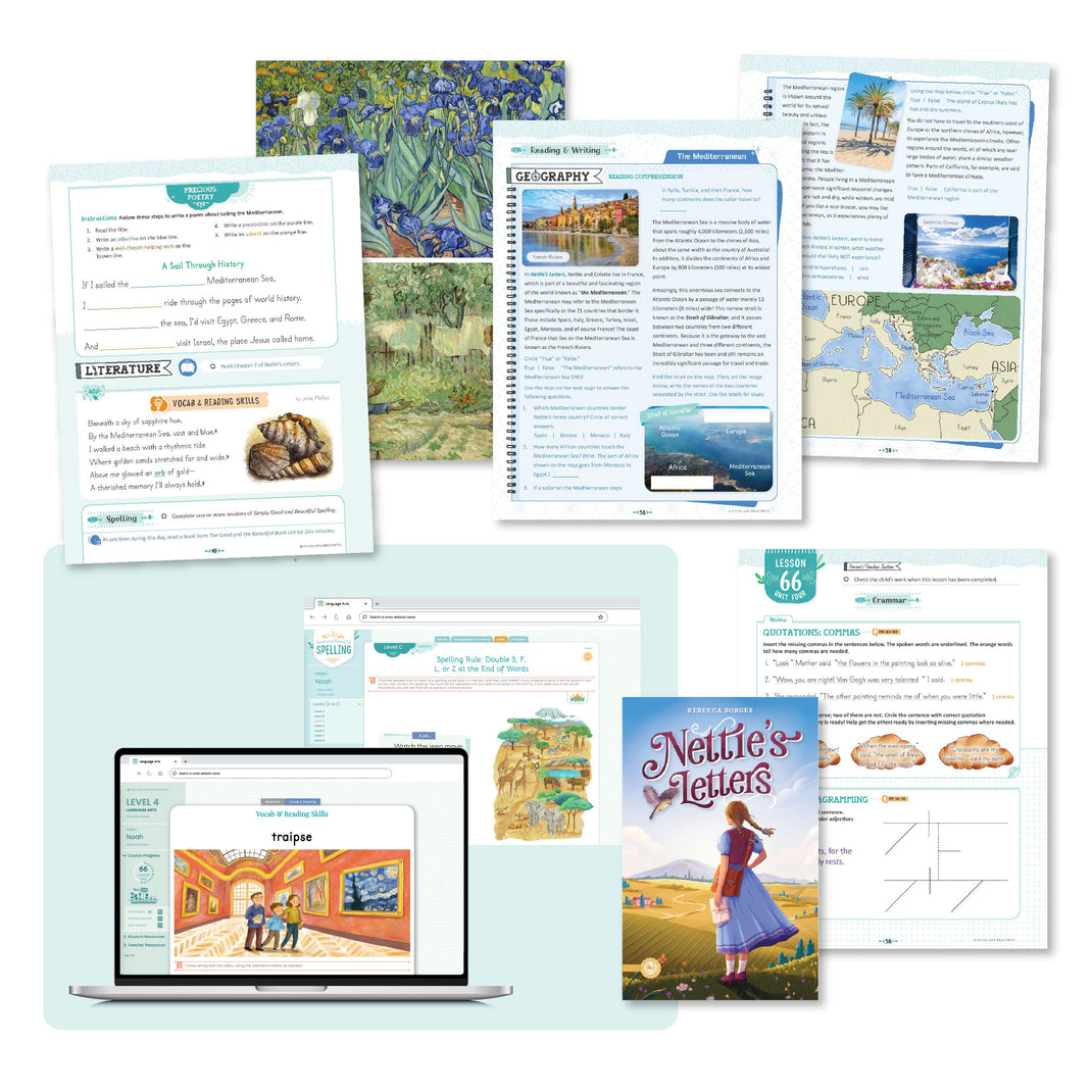 A collage of the level four language arts course pages from lesson 66 | The Good and the Beautiful