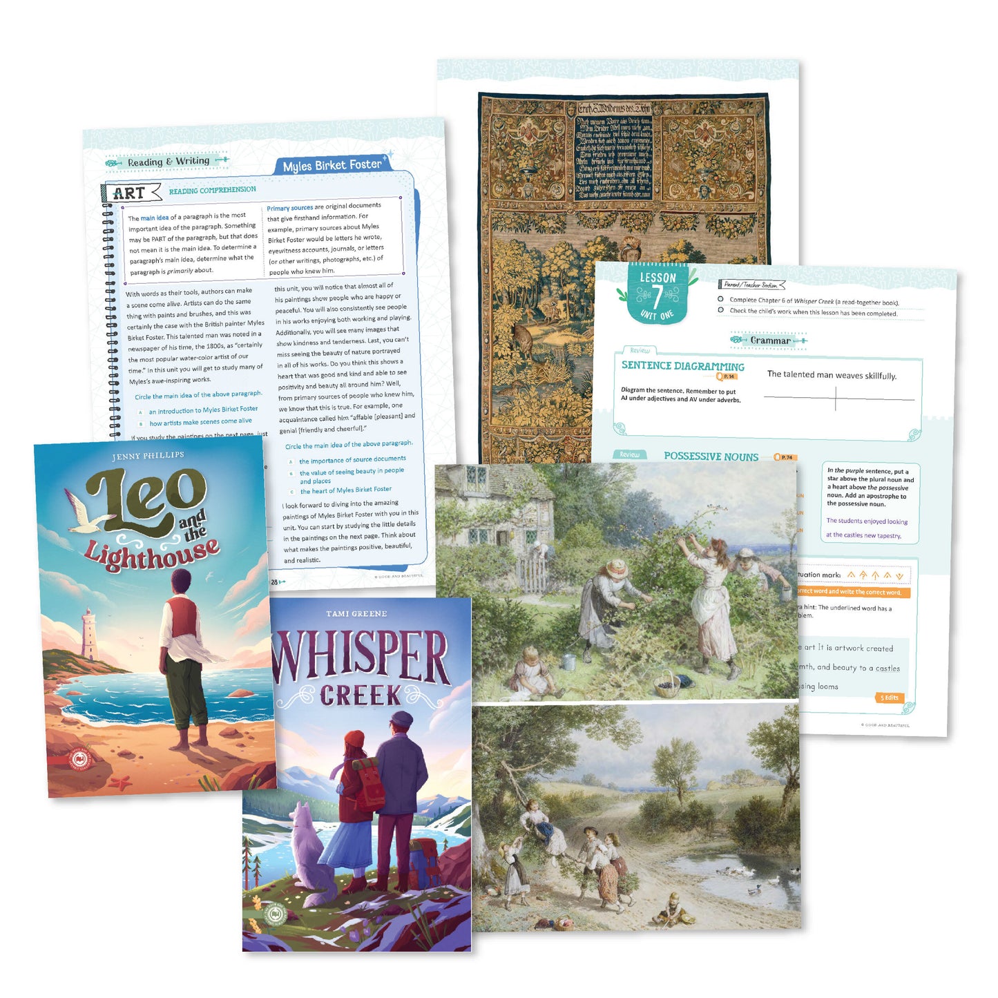 A collage of language arts level 4 course book pages from lesson 7 | The Good and the Beautiful