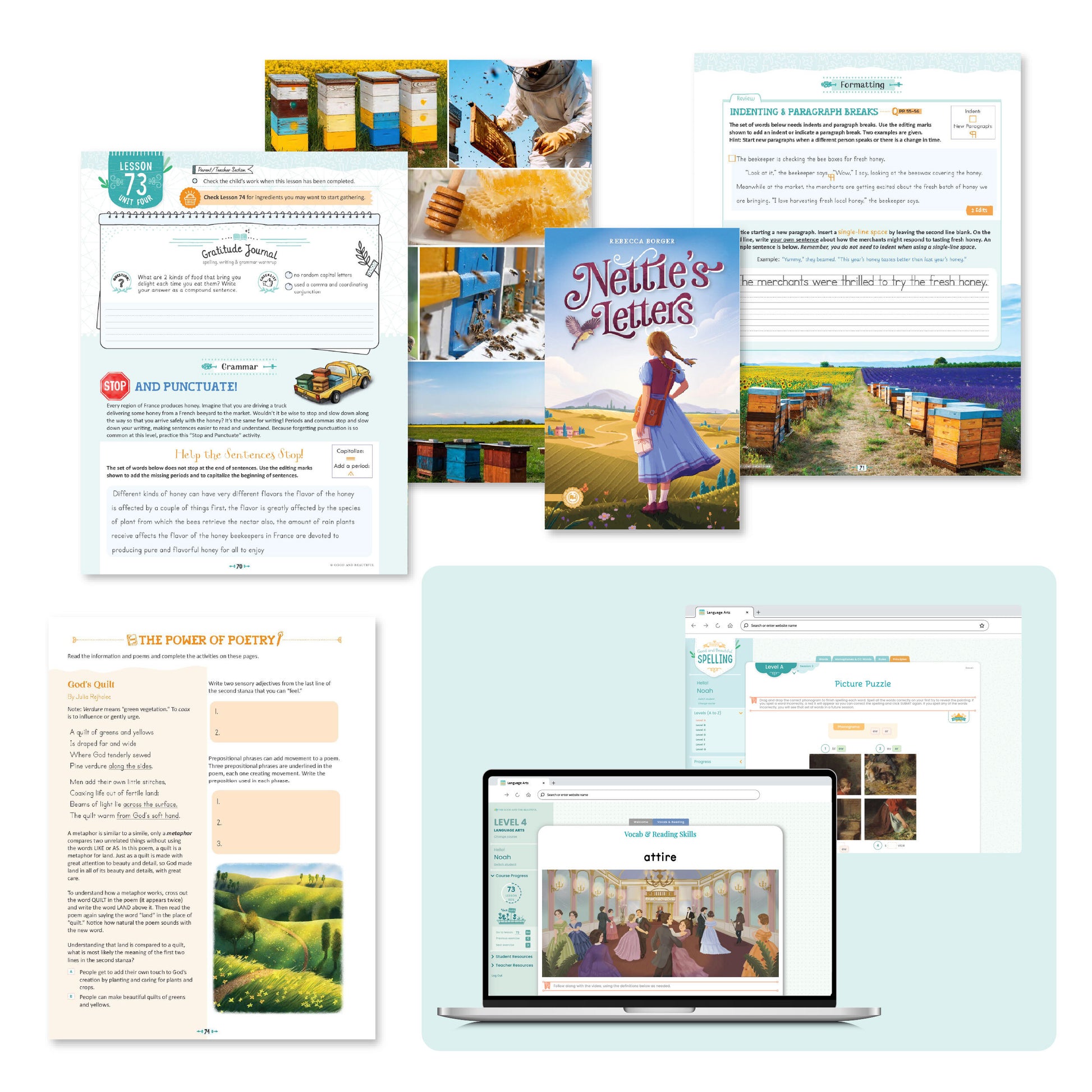 A collage of the level four language arts course pages from lesson 73 | The Good and the Beautiful