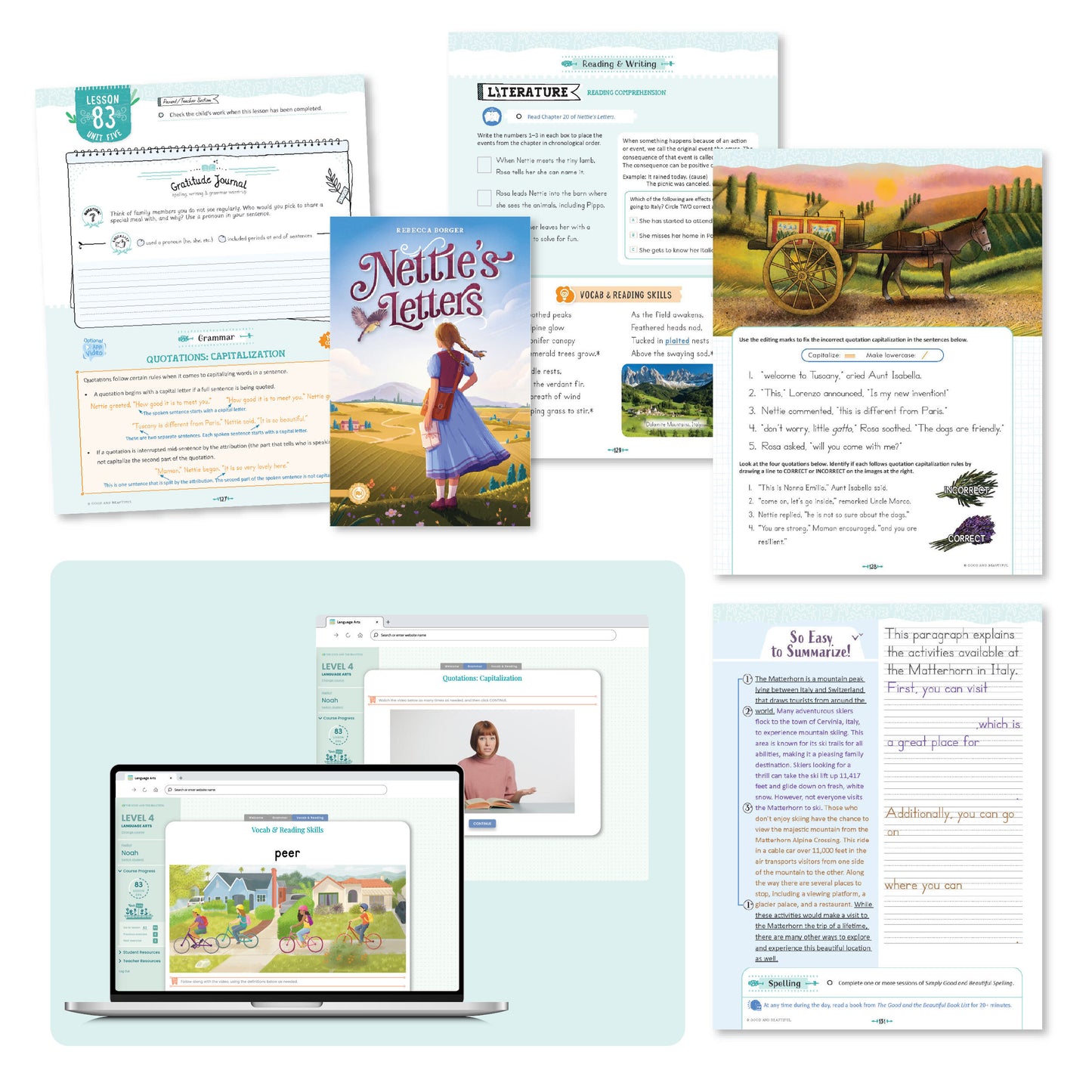 A collage of the level four language arts course pages from lesson 83 | The Good and the Beautiful