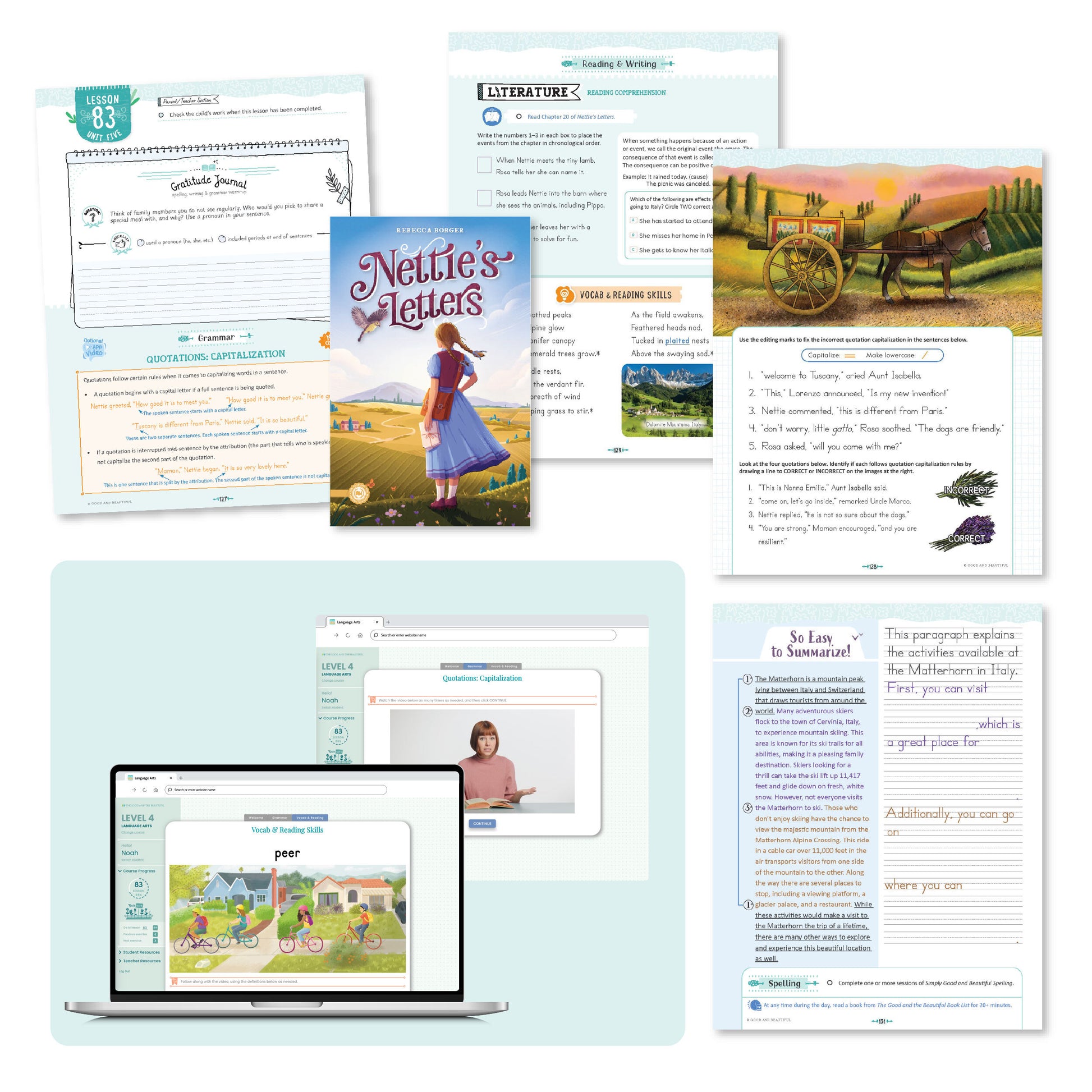 A collage of the level four language arts course pages from lesson 83 | The Good and the Beautiful