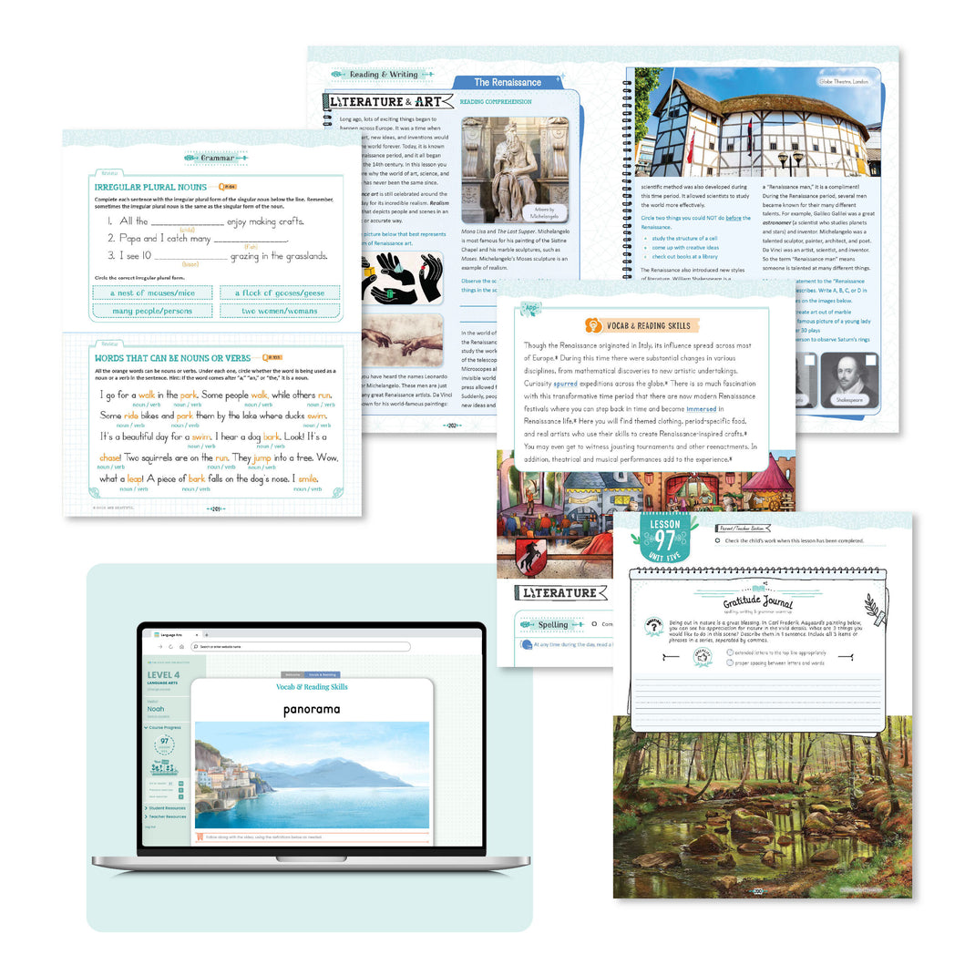 A collage of the level four language arts course pages from lesson 97 | The Good and the Beautiful