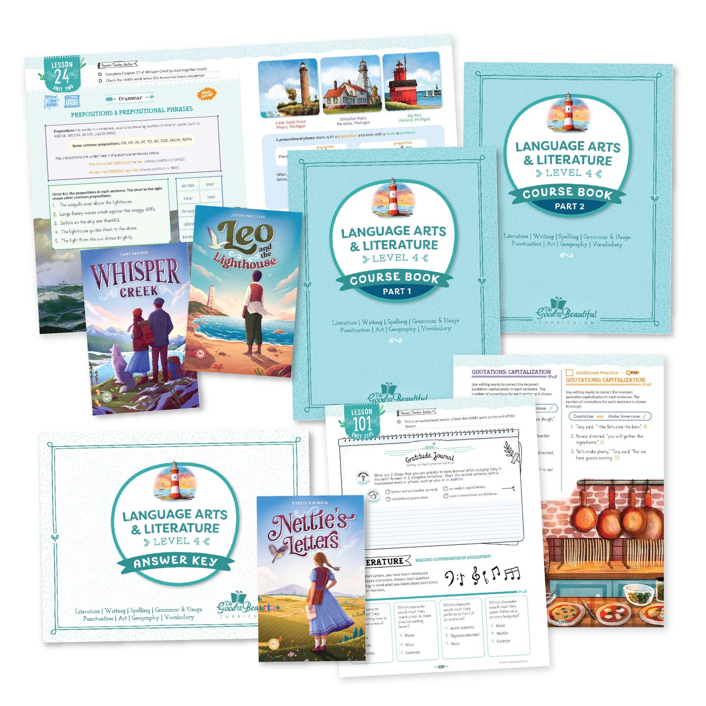 A collage of the whole course materials from language arts level 4 | The Good and the Beautiful