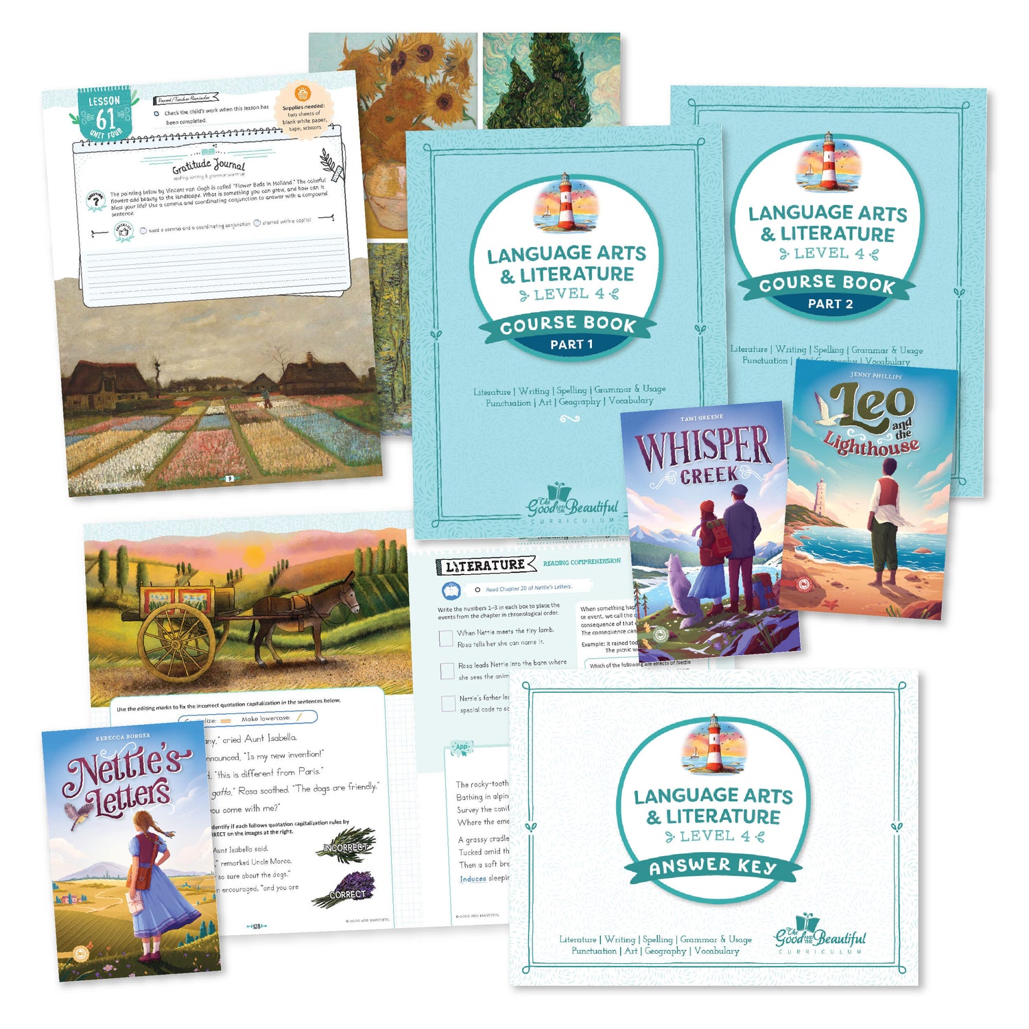 A collage of the language arts level 4 whole course materials | The Good and the Beautiful