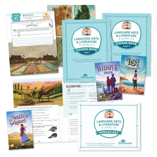 A collage of the language arts level 4 whole course materials | The Good and the Beautiful