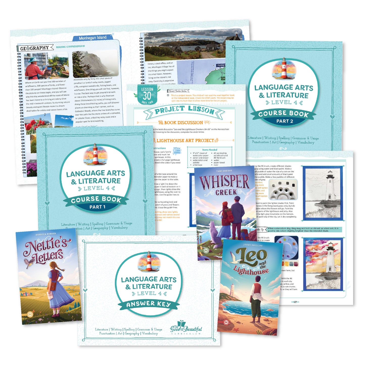 A collage of the level four language arts whole course materials | The Good and the Beautiful