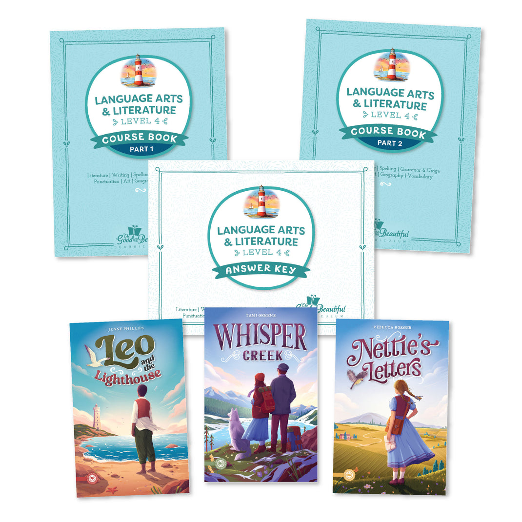 A collage of covers for the language arts level 4 course | The Good and the Beautiful