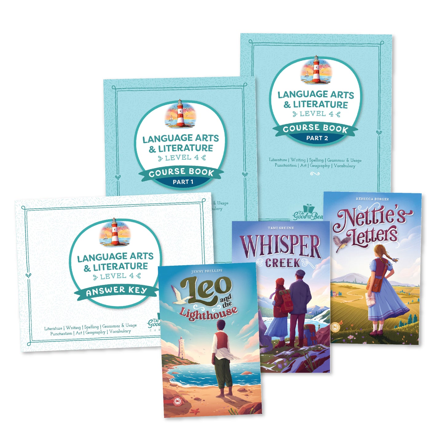 A collage of the language arts level 4 course materials | The Good and the Beautiful