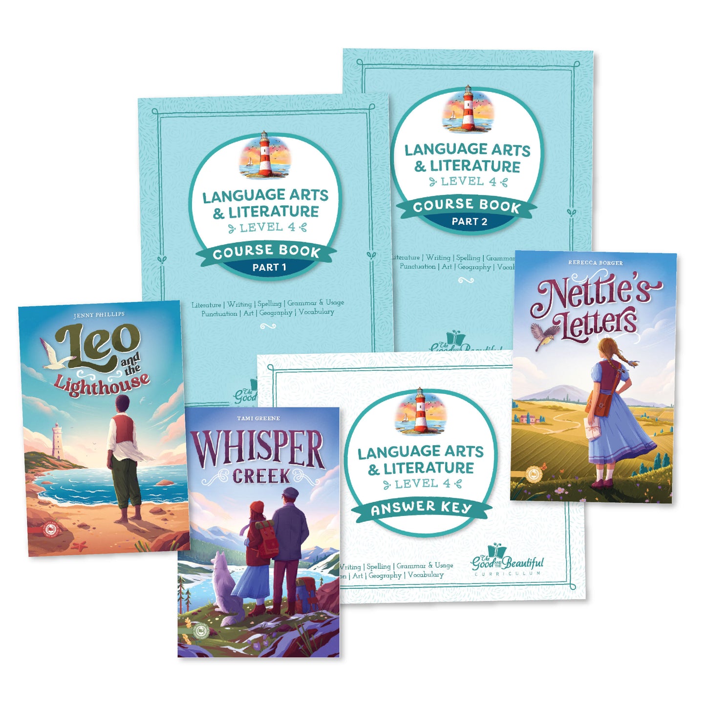 A collage of the course materials for language arts level 4 | The Good and the Beautiful