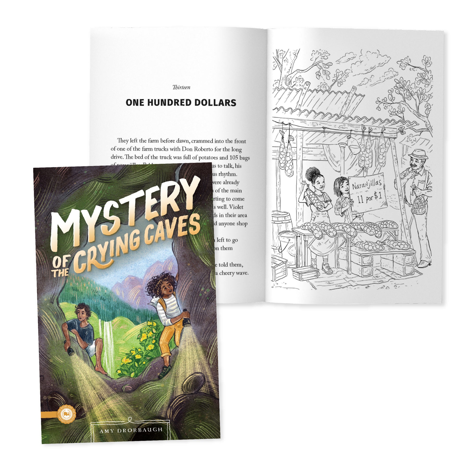 The book cover for "Mystery of the Crying Caves" by Amy Drorbaugh and a preview of chapter 13 | The Good and the Beautiful