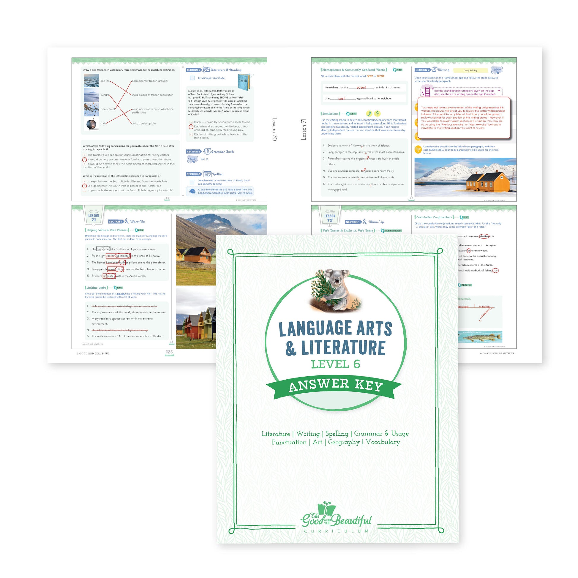 Language arts level 6 answer key cover with two sample pages | The Good and the Beautiful
