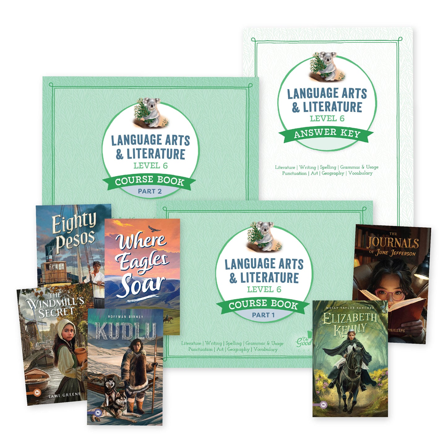 A collage of the language arts level 6 course materials including reading books | The Good and the Beautiful