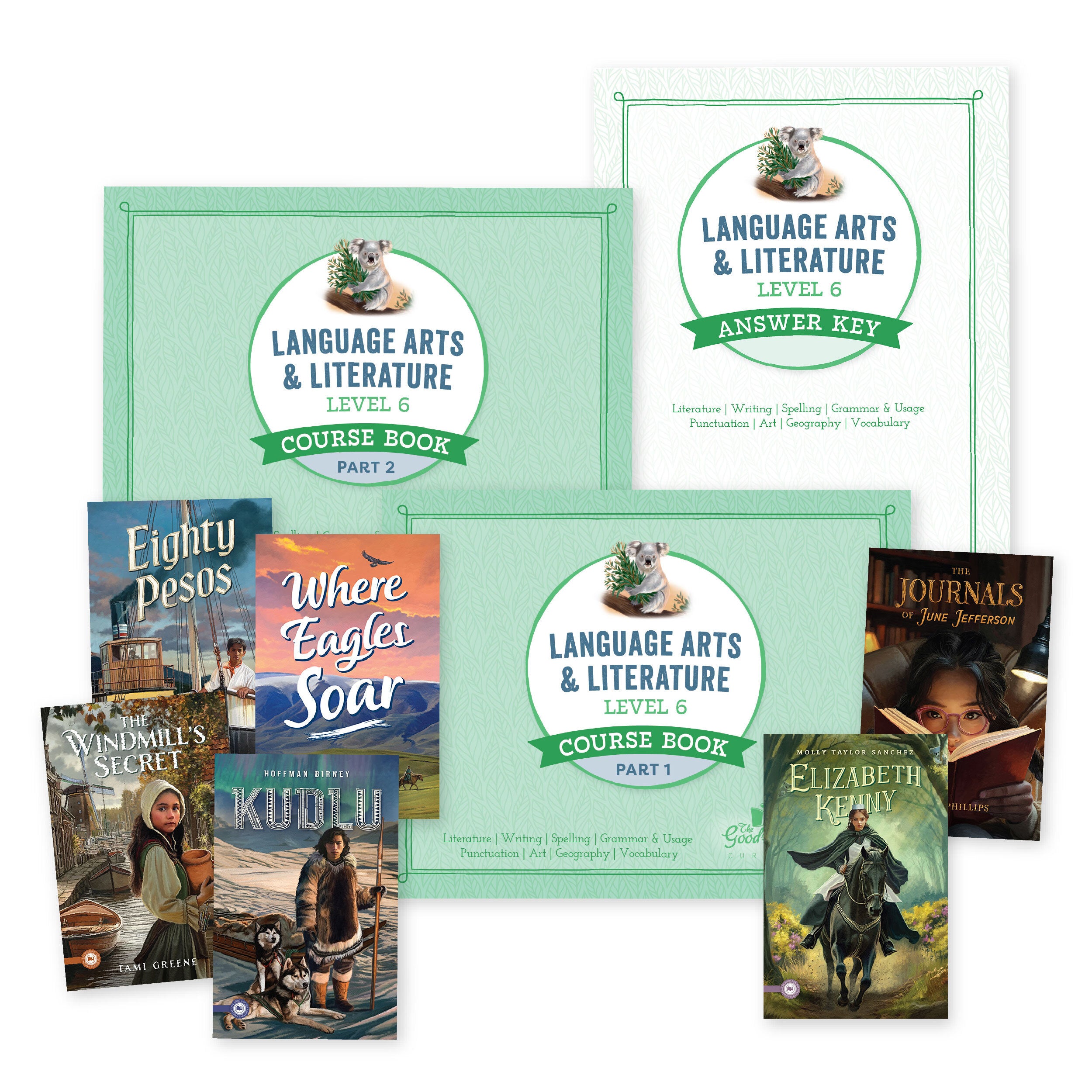 A collage of the language arts level 6 course materials including reading books | The Good and the Beautiful