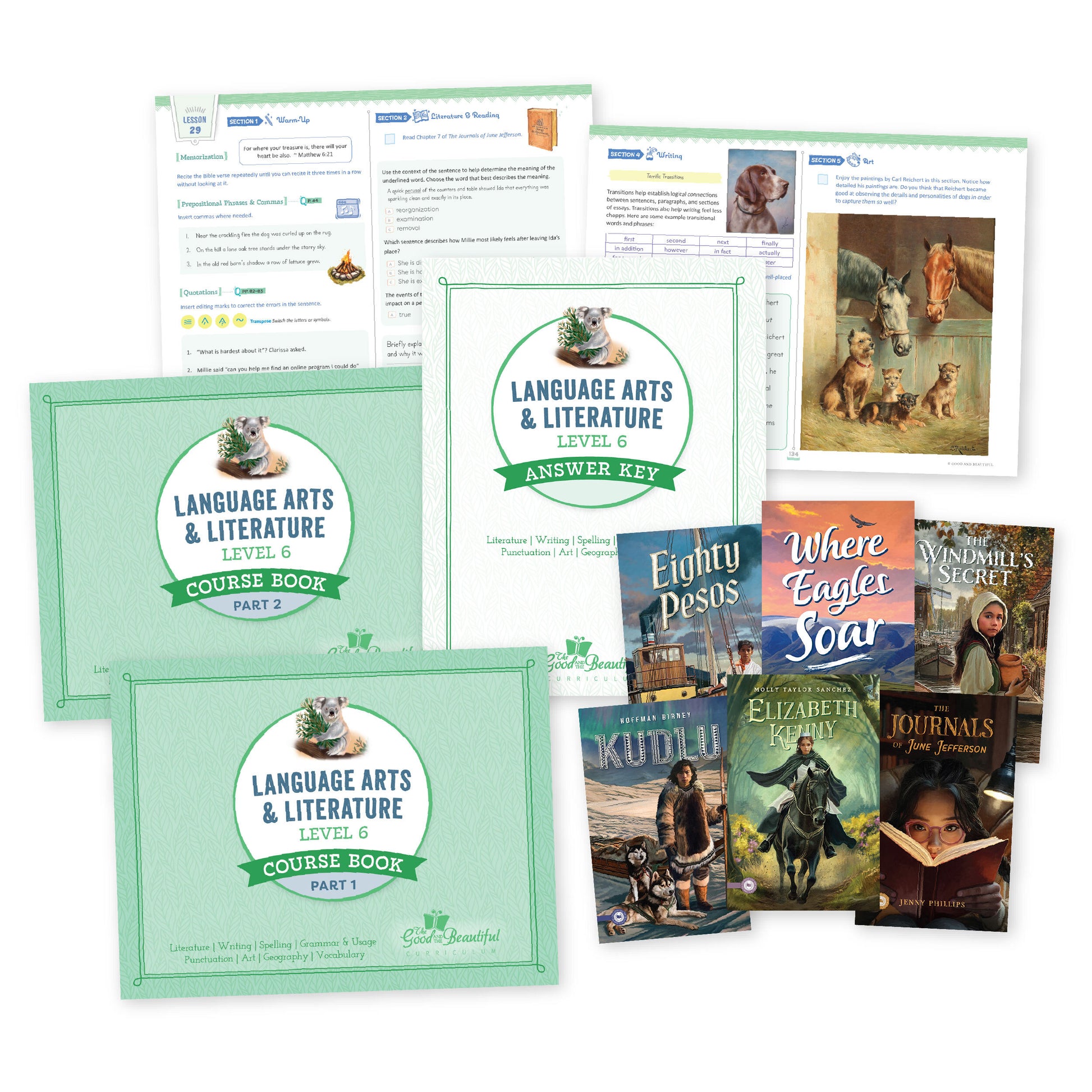 A collage of the Language Arts Level 6 course materials | The Good and the Beautiful