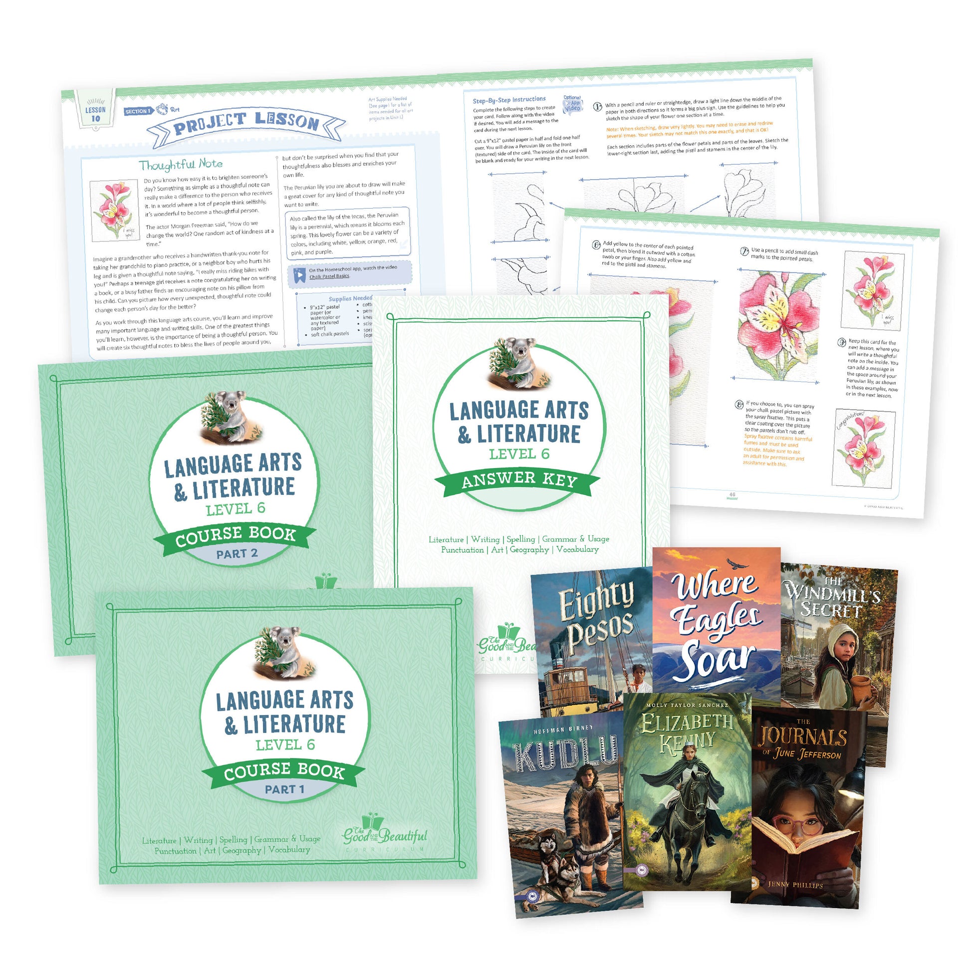 A collage of the language arts level 6 course set with sample pages | The Good and the Beautiful