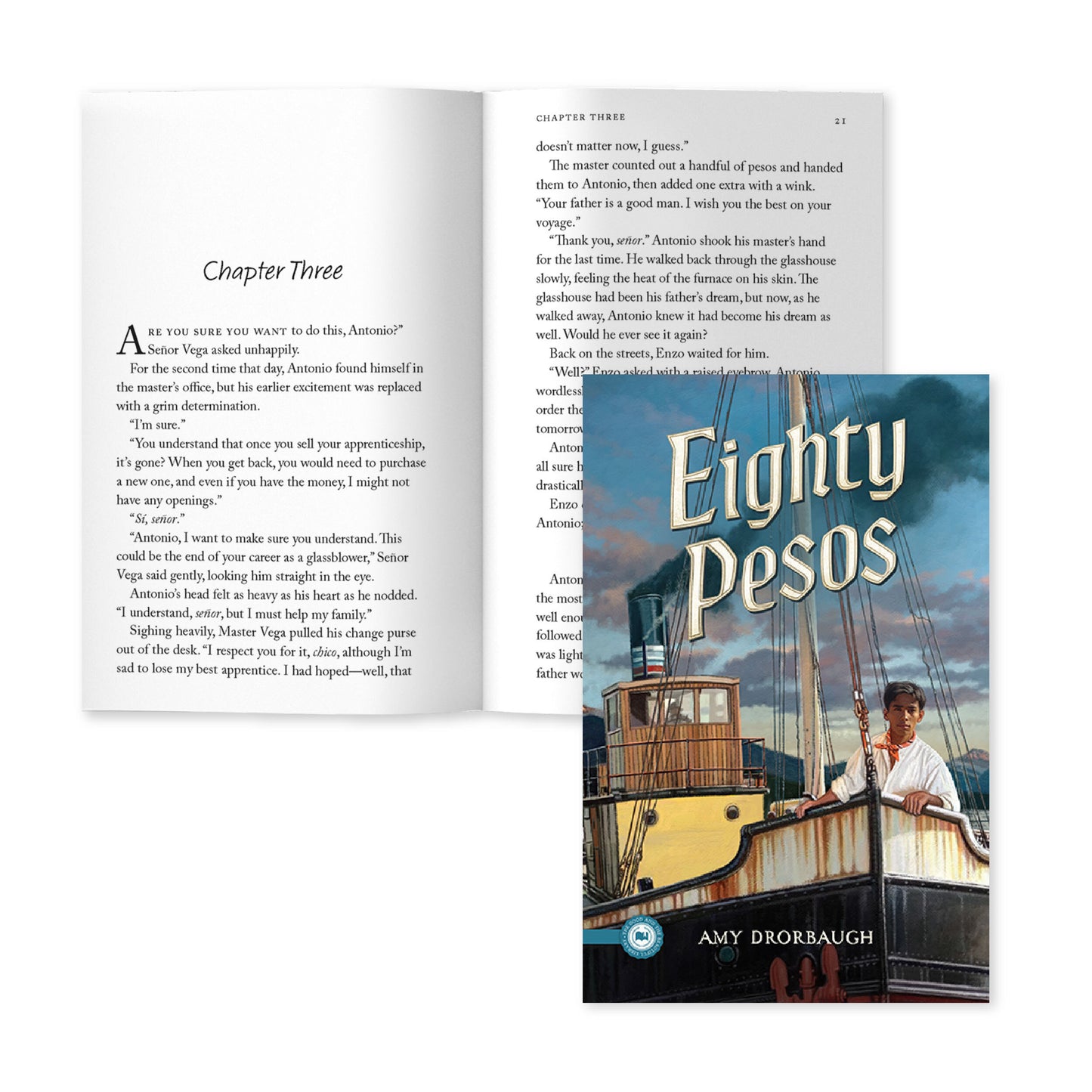 The cover of the book "Eighty Pesos" and sample pages of chapter three by Amy Drorbaugh | The Good and the Beautiful
