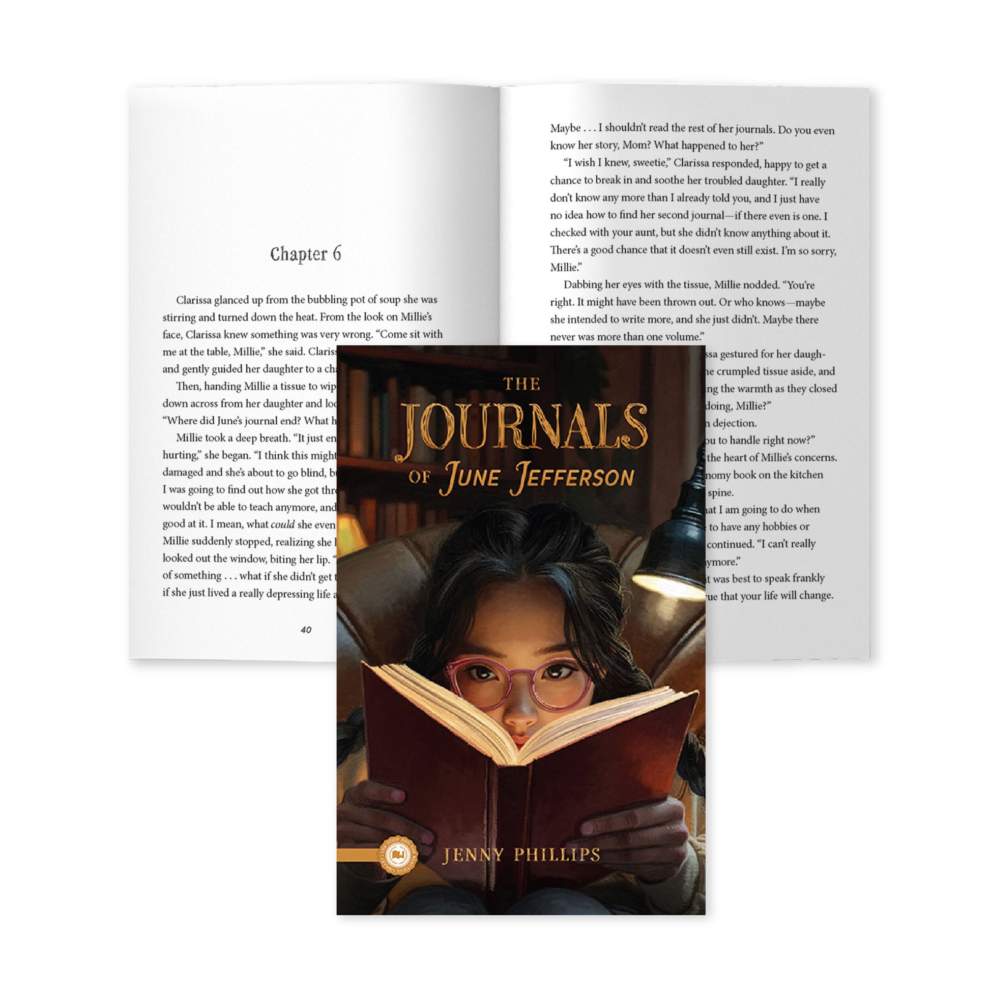 The cover of the book "The Journals of June Jefferson" by Jenny Phillips with sample pages from chapter six | The Good and the Beautiful