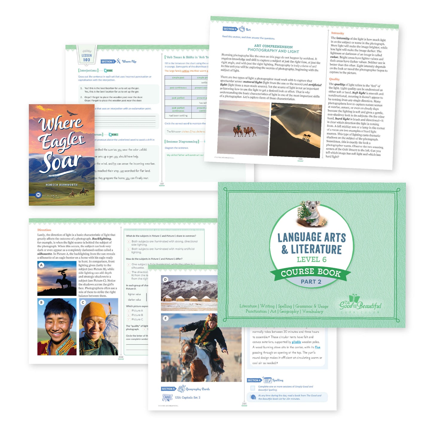 A collage of sample pages from the language arts level 6 course book also showing the cover | The Good and the Beautiful
